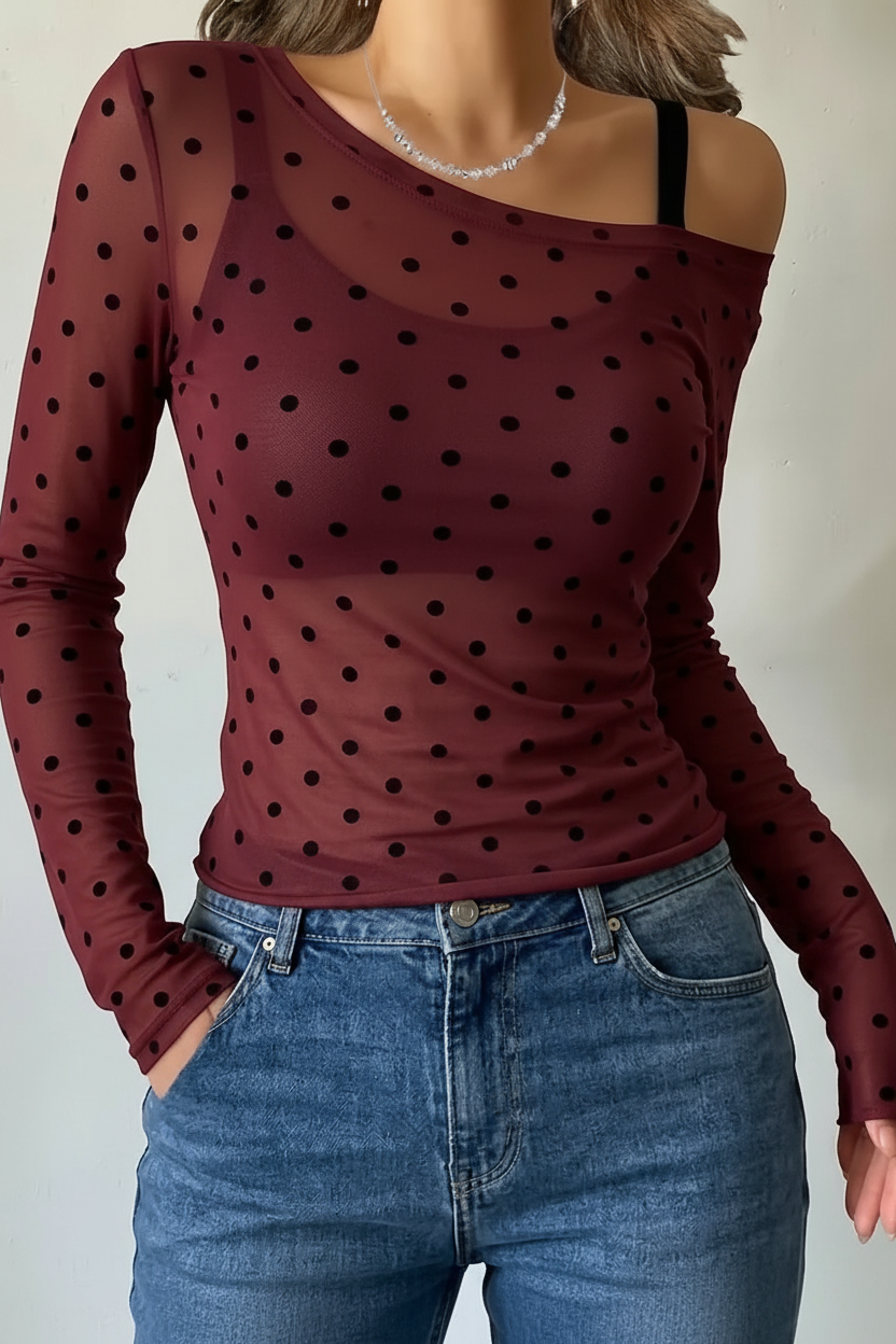 Burgundy Polka Dot Cold Shoulder Top