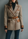 Double-Breasted Houndstooth blazer with Brown Leather Trim