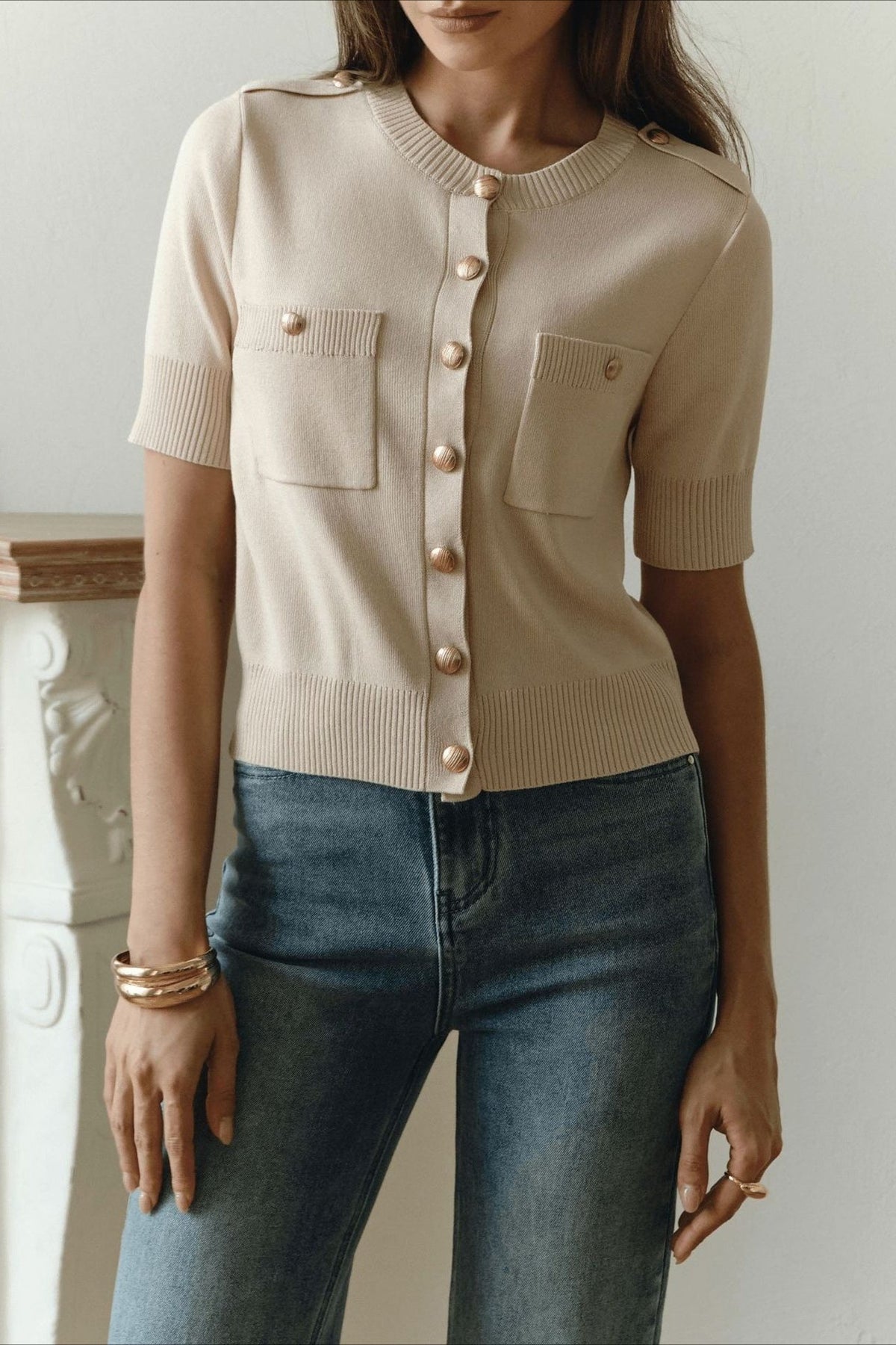Short Sleeve Pocket Button Knit Cardigan