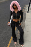 Faux Fur Hood Zip Hoodie and Flare Pants Set