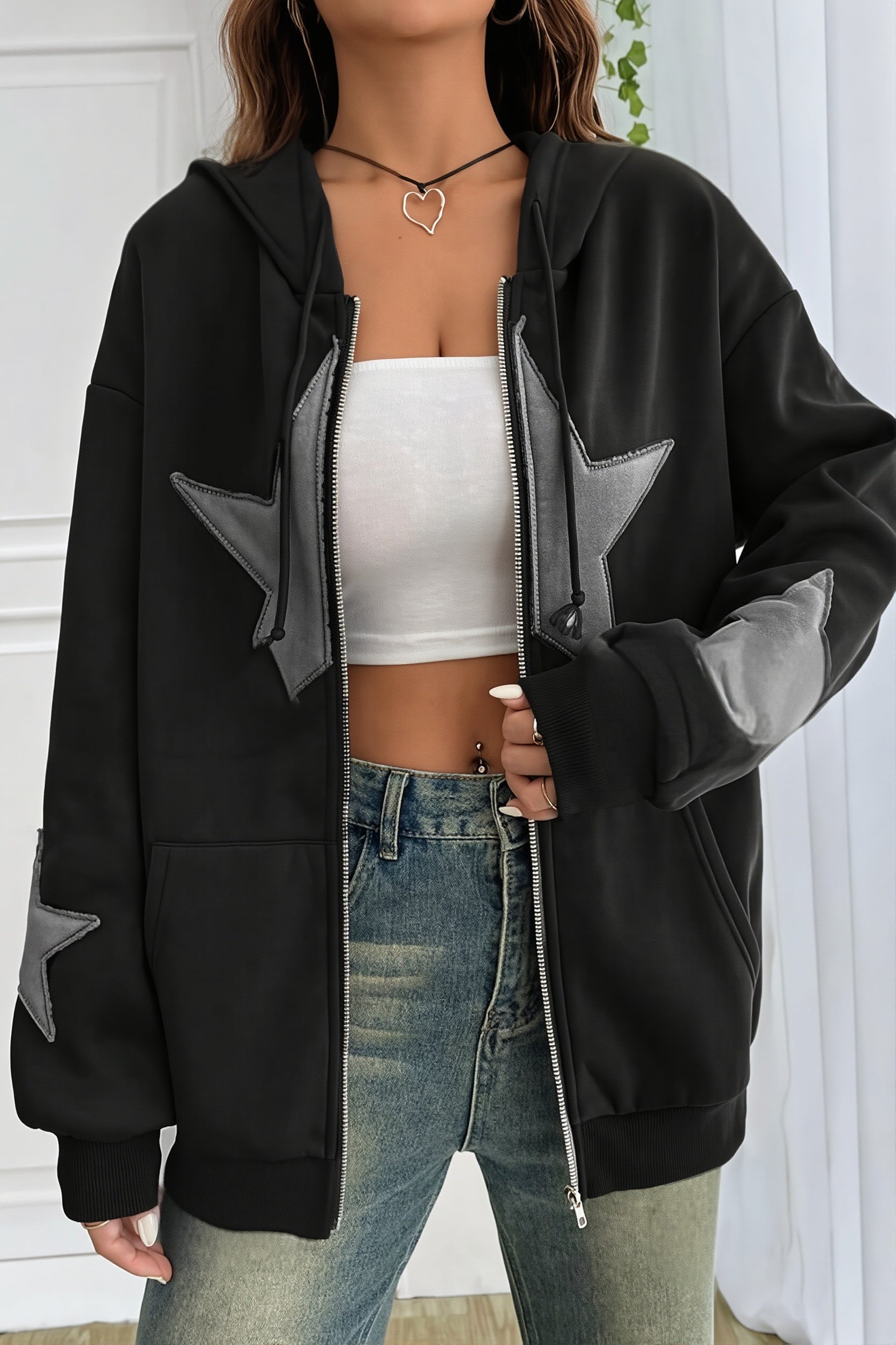 Star Contrast Oversize Zip Hoodie