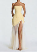 Butter Yellow Strapless Ruched High-Slit Tulle Maxi Gown