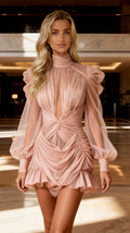 Women's Dusty Pink Pleated Mesh Twisted Waist Puff Sleeve Mini Dress