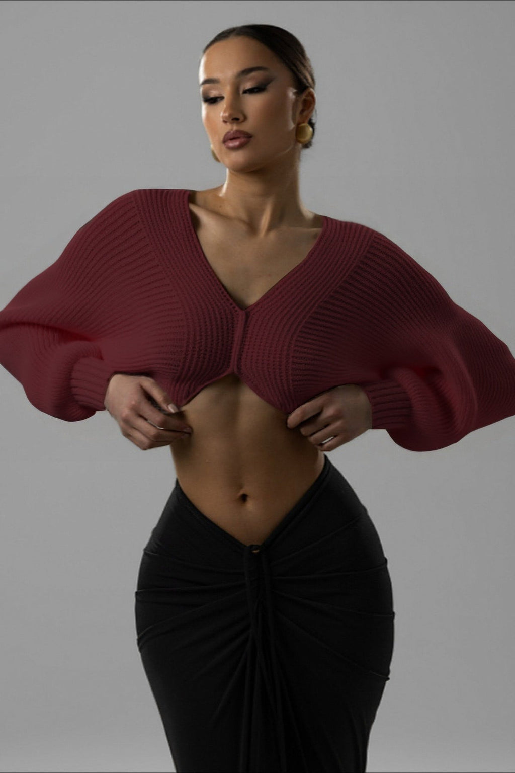 Twist Front Cropped V Neck Knit Sweater