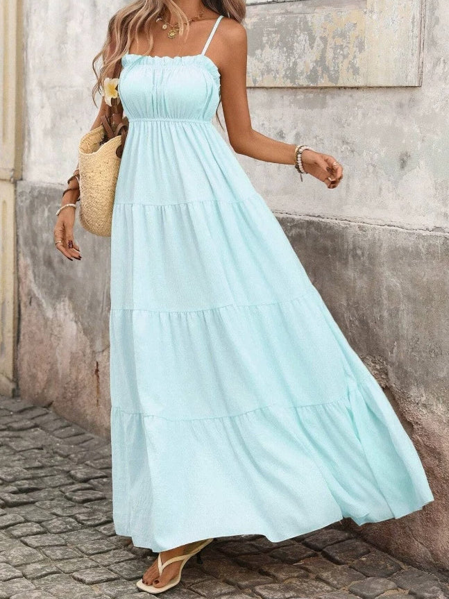 French Style Vacation Sling Wooden Ear Tube Top Cinched Waist Long Texture Dress