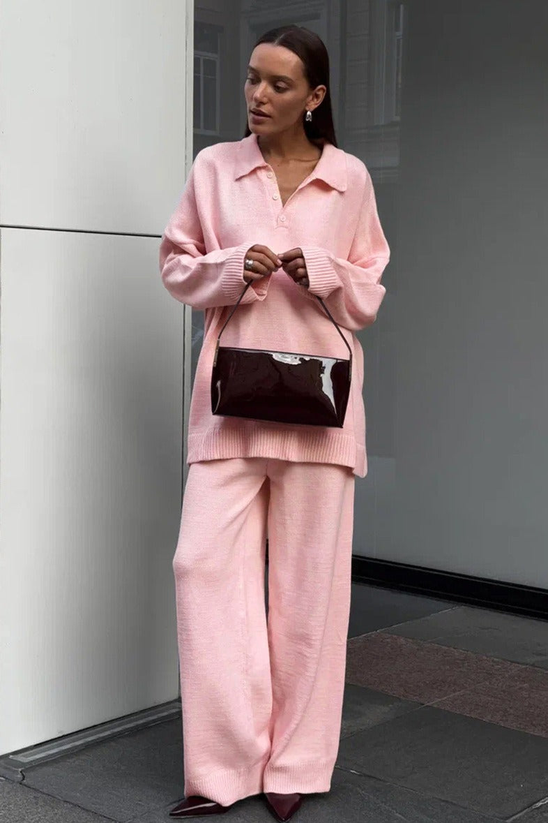 Relaxed Polo Knit Top Wide Leg Pants Set