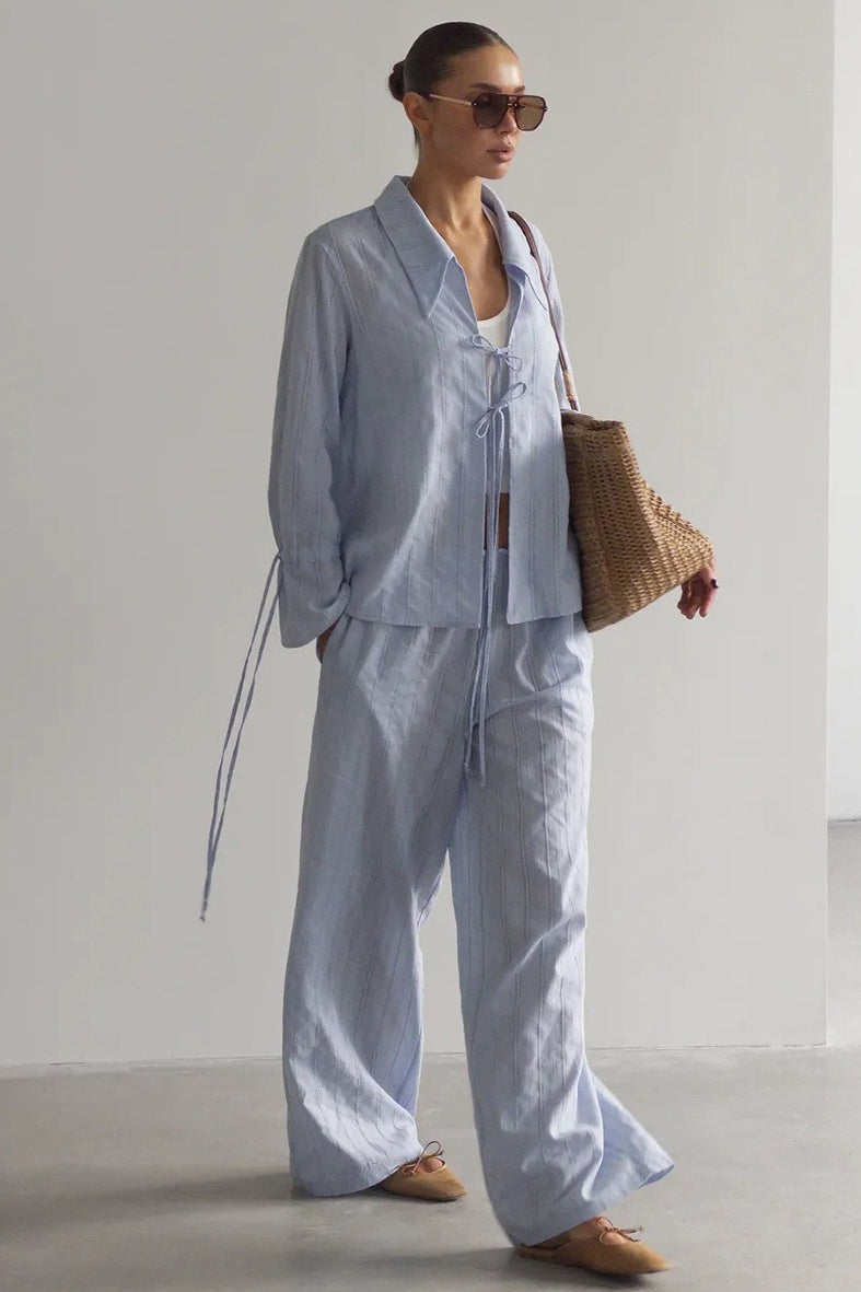 Collared Tie Front Sheer Shirt Pants Set
