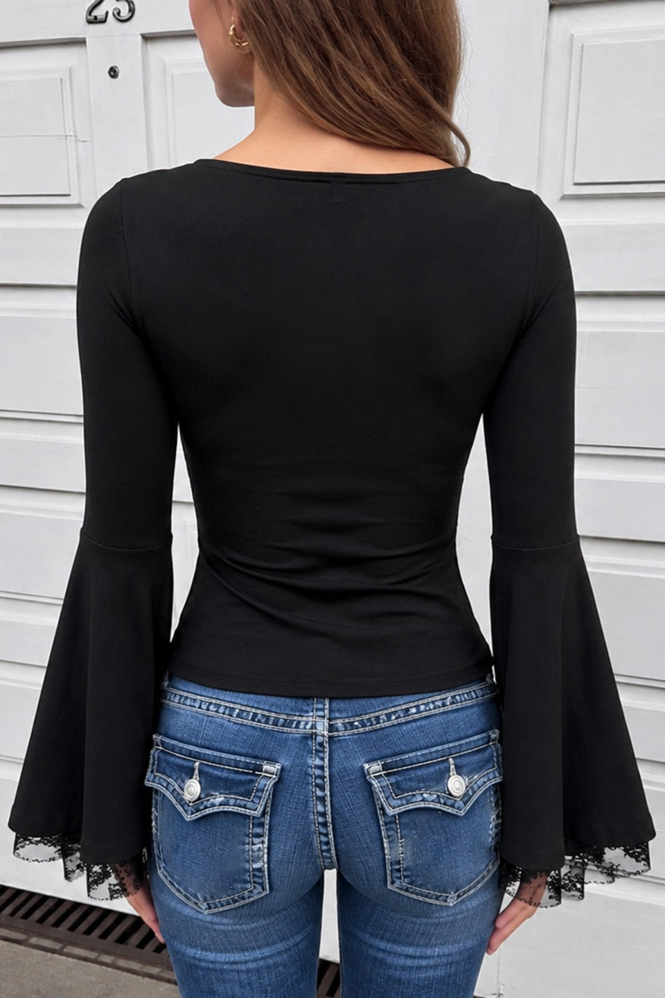 Lace Trim Button Front Flared Sleeve Blouse