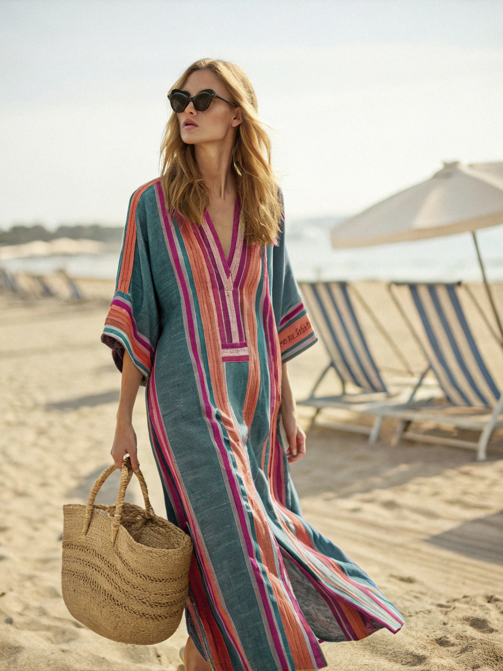 Contton & Linen Long Sleeve Kaftan Maxi Dress