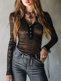Vintage Leopard Print Henley Collar Lace Long Sleeve Blouse