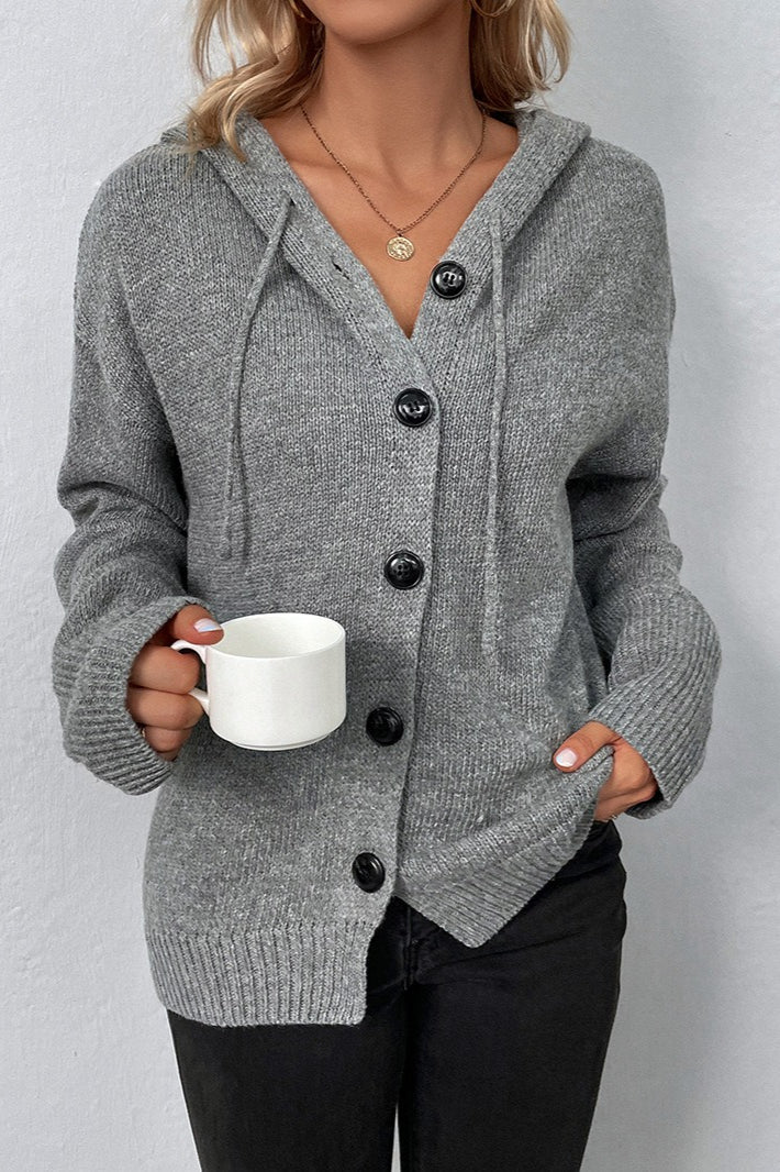 Hooded Drawstring Button Front Knit Cardigan