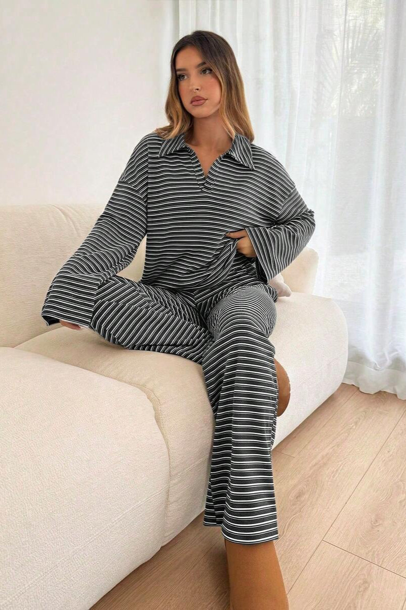 Contrast Stripe Collared Lounge Pants Set