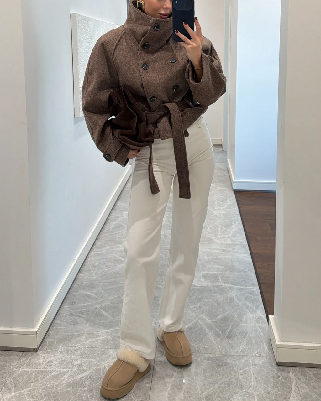 Double-Breasted Belted Funnel Neck Wool-Blend Cropped Coat