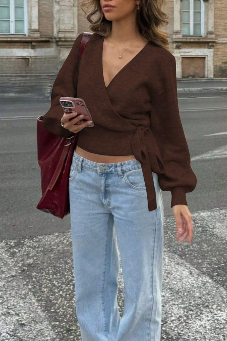Wrap Tie V Neck Cropped Sweater