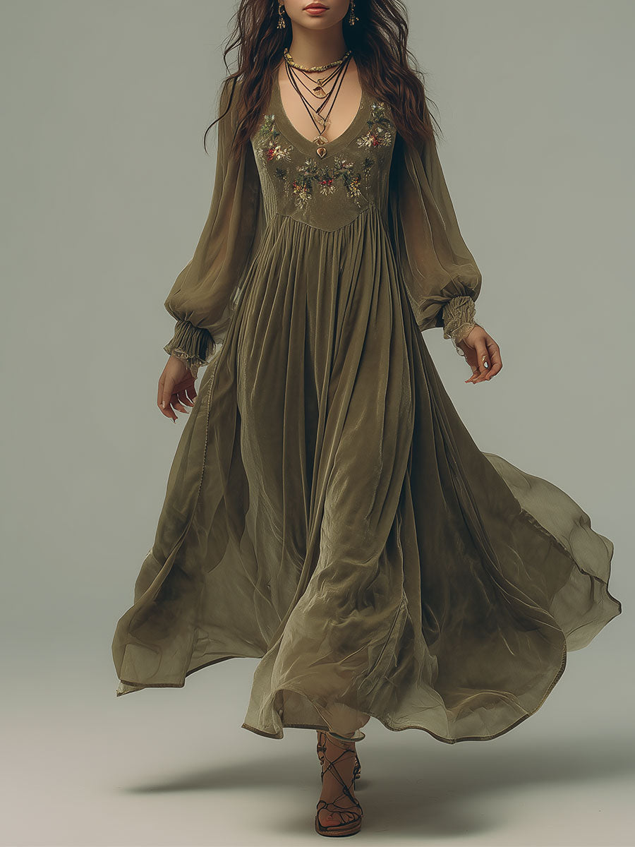 Retro Lantern Sleeve Embroidered Chiffon Maxi Dress