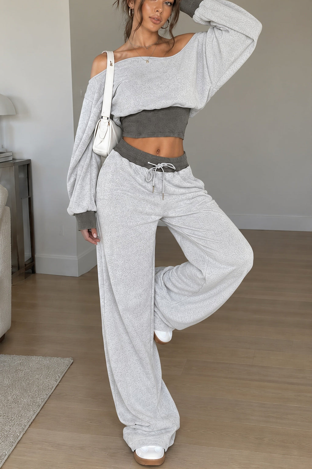 Off Shoulder Cropped Sweatshirt Pants Set