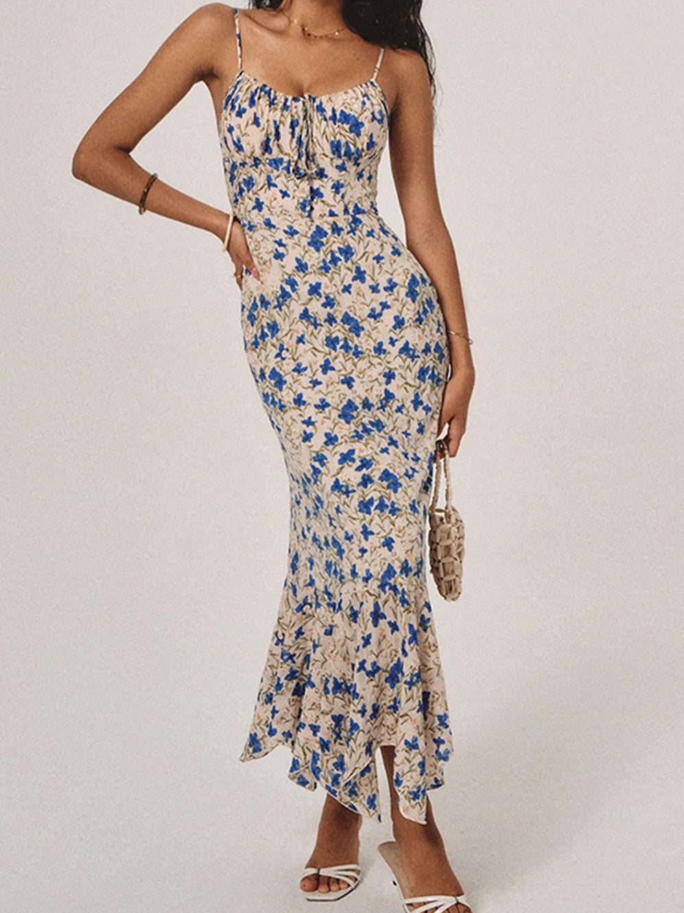 Vacation Tight Waist Floral Print Strap Sheath Long Dress