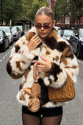 Patchwork Spot Zip Faux Fur Coat