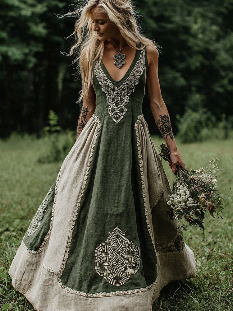 Women's Viking Celtic Color Block Art V-neck Maxi Dress