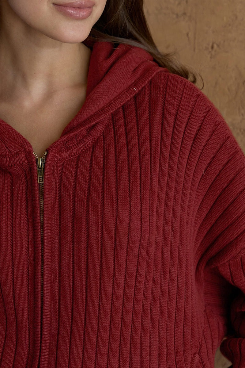 Ribbed Hooded Zip Sweater Harem Pants Set