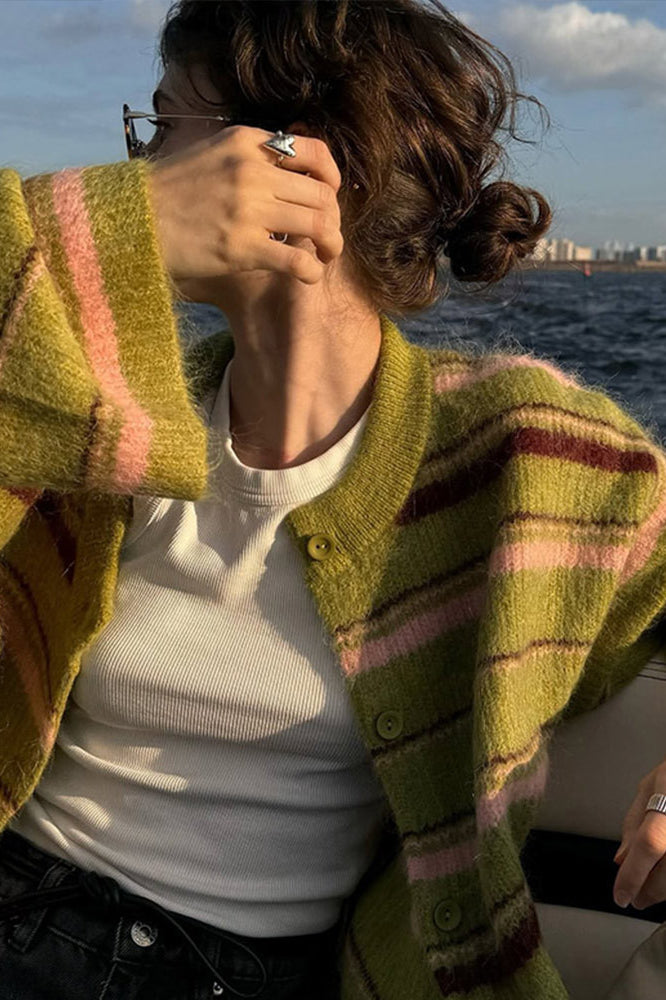 Striped Color Block Knit Loose Cardigan