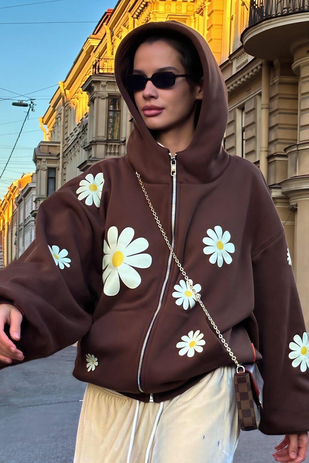 Daisy Print Oversized Zip Hoodie
