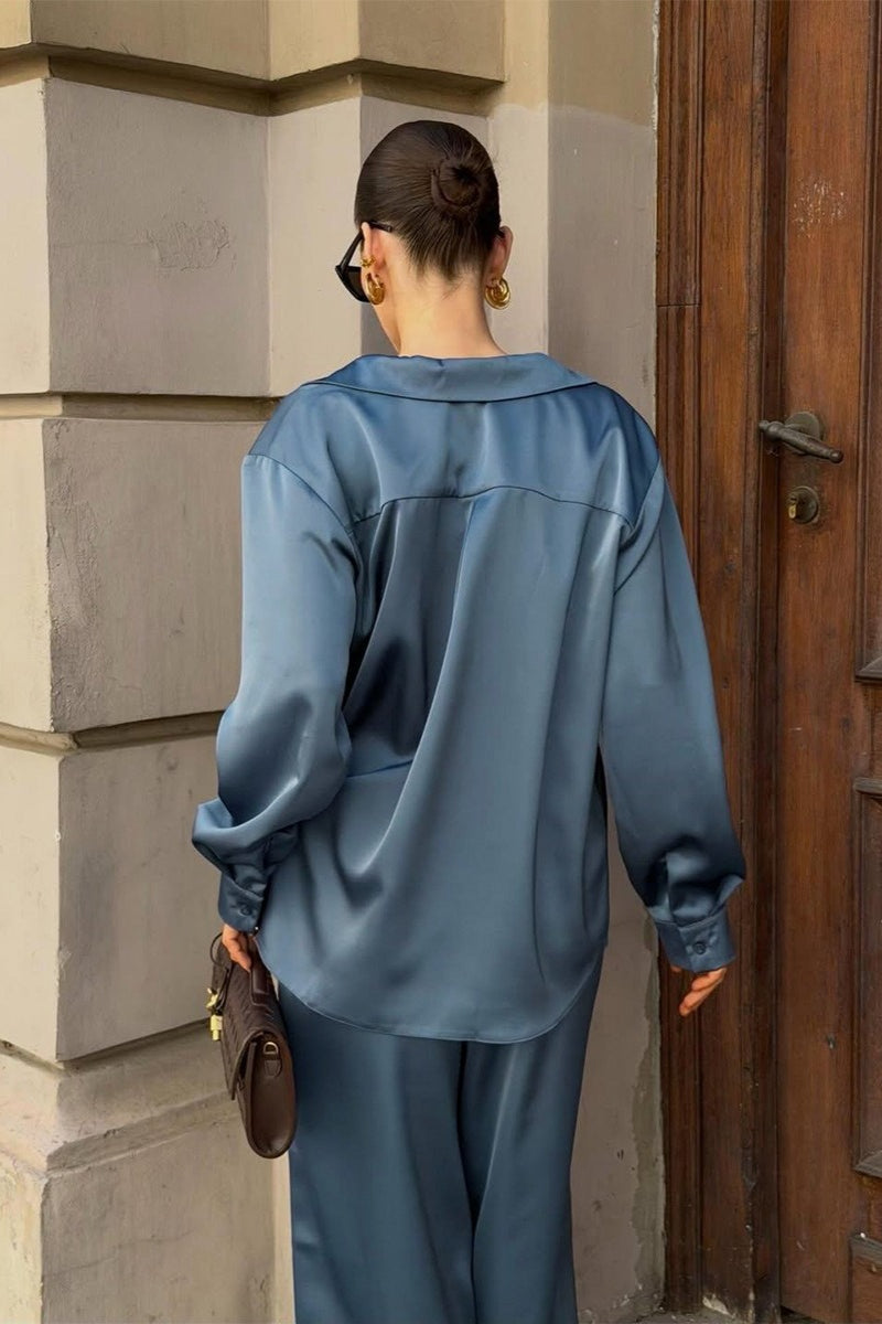 Satin Shirt Wide Leg Pants Lounge Set