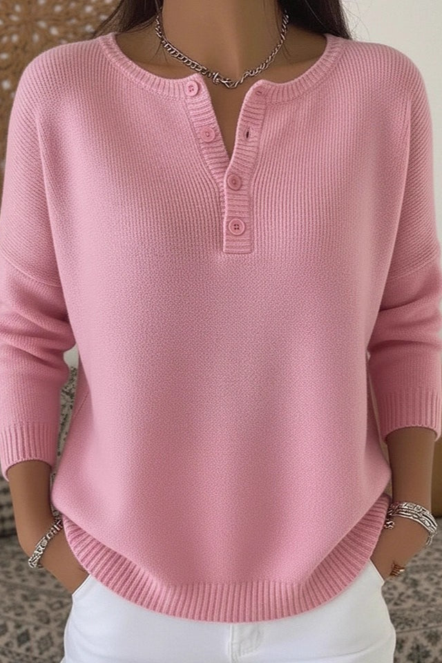 Button Placket Round Neck Knit Sweater