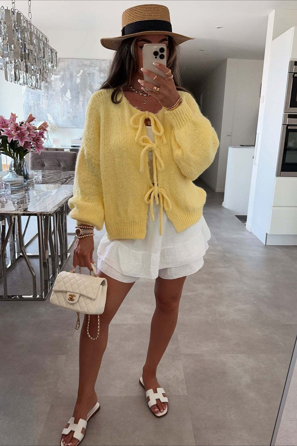 Bow Tie Front Crew Neck Knit Casual Cardigan