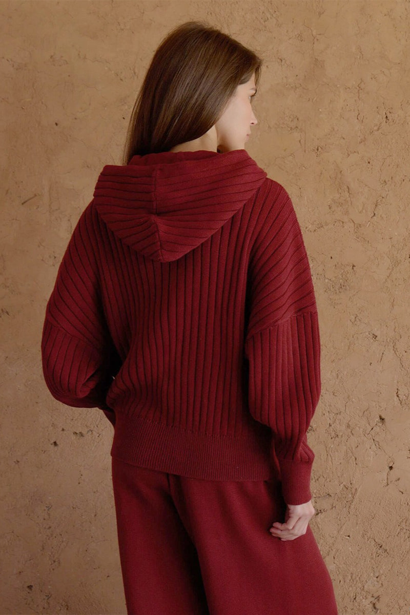 Ribbed Hooded Zip Sweater Harem Pants Set