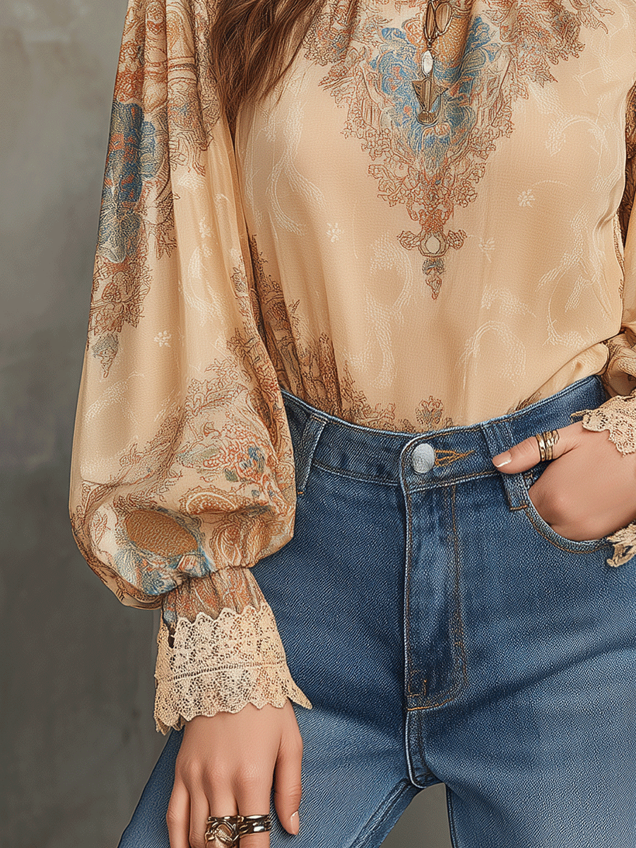 Vintage Baroque High-Neck Printed Chiffon Blouse