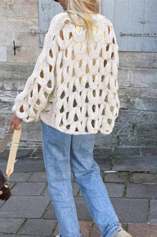 Openwork Leaf Texture Crew Neck Knit Sweater