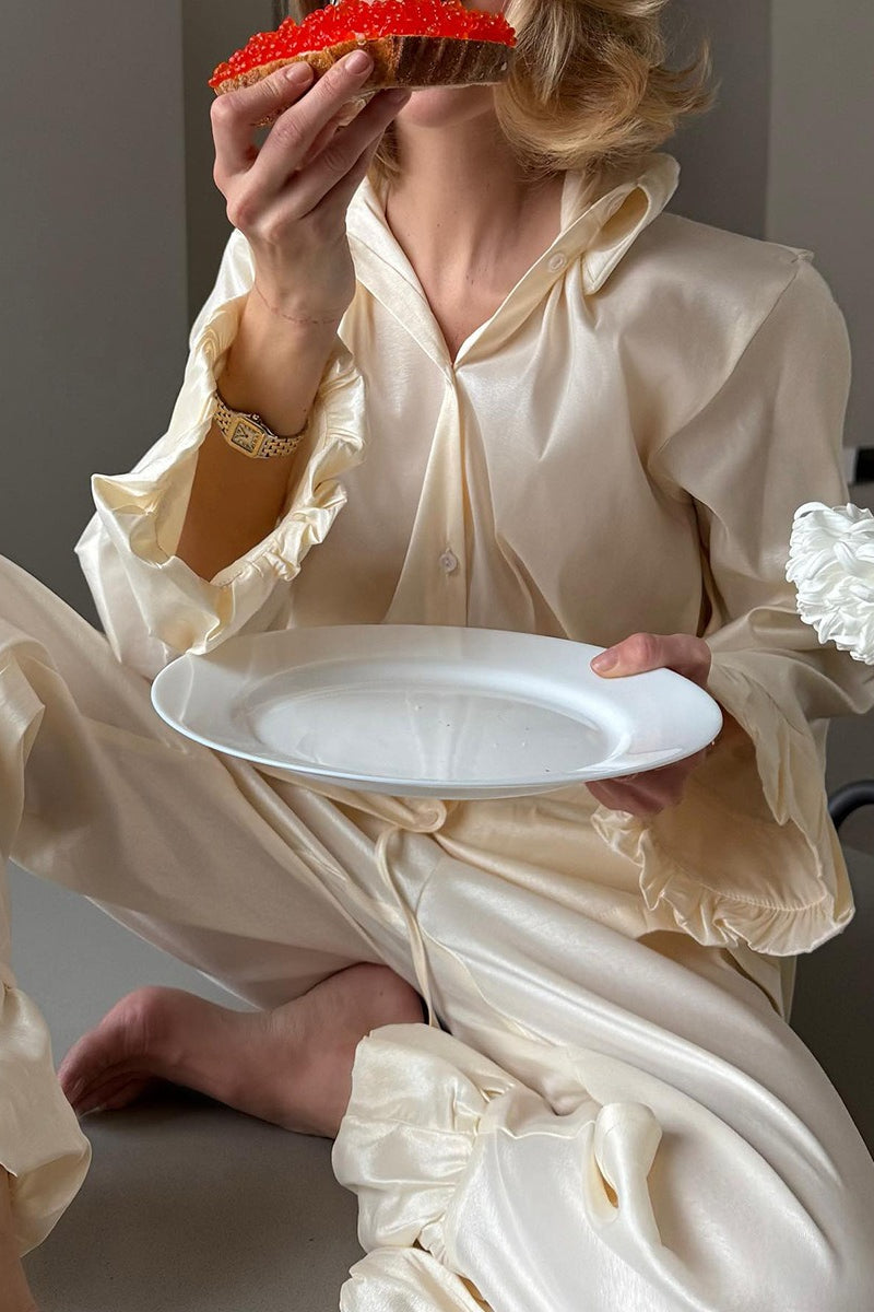 Ruffle Button Pajama Top Wide Leg Pants Set