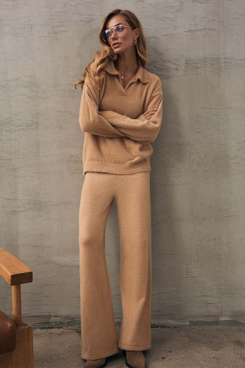 Faux Fur Polo Sweater Wide Leg Pants Set