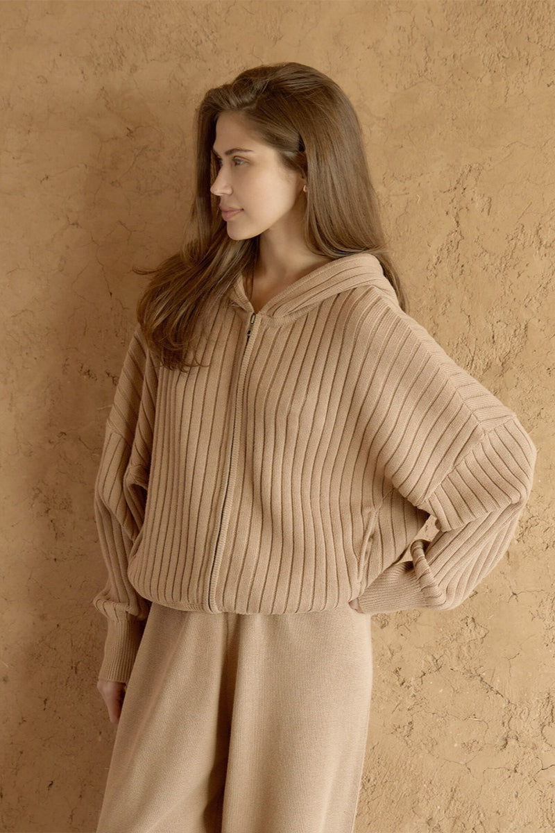 Ribbed Hooded Zip Sweater Harem Pants Set