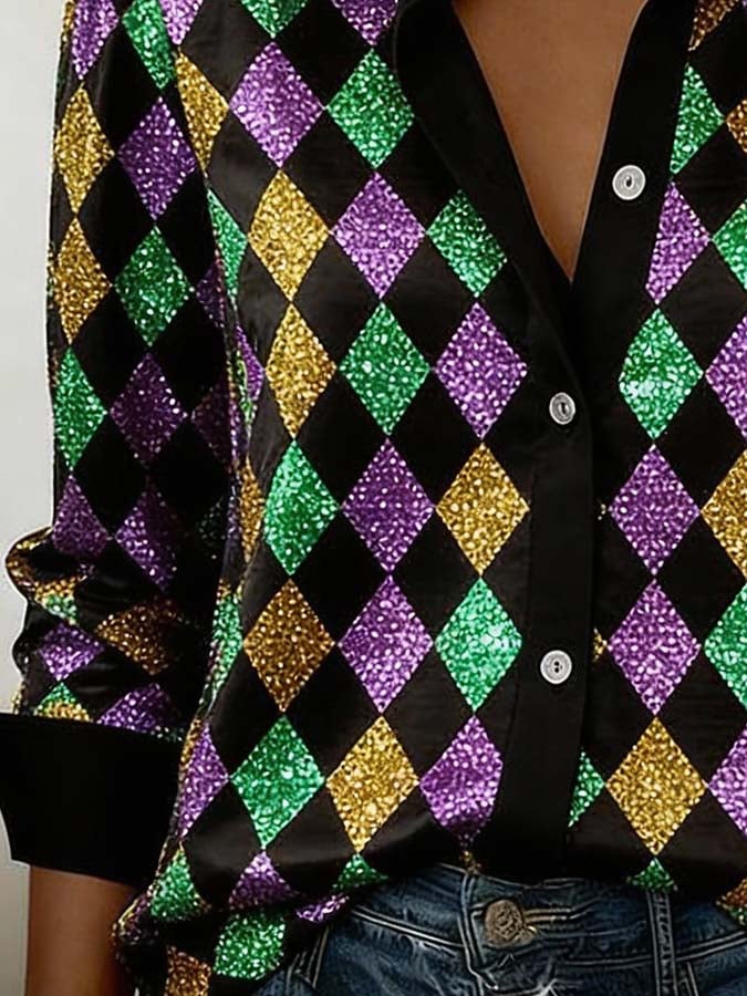 Women'S Casual Lapel Color-Block Printed Shirt