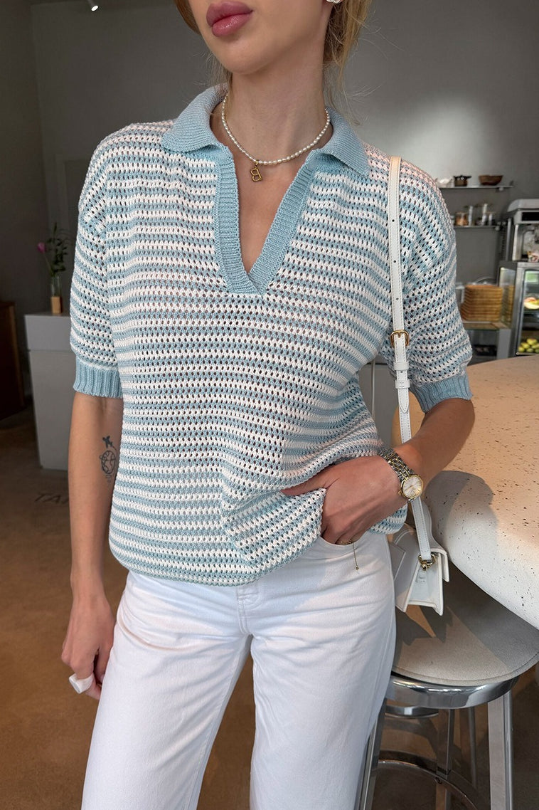 Striped Open Collar Short Sleeve Knit Sweater