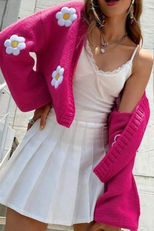 Floral Applique V Neck Button Knit Cardigan