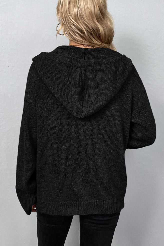 Hooded Drawstring Button Front Knit Cardigan