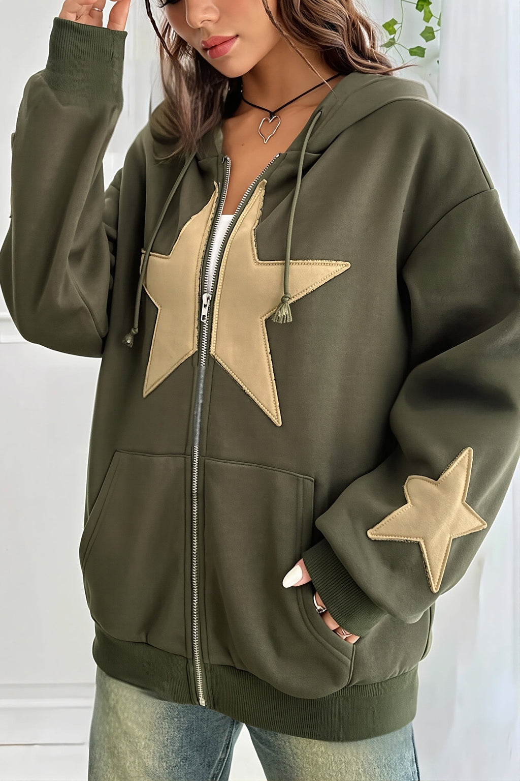 Star Contrast Oversize Zip Hoodie