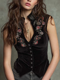 Vintage Embroidered Velvet Fitted Vest