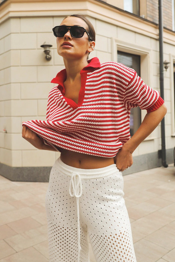 Striped Open Collar Short Sleeve Knit Sweater