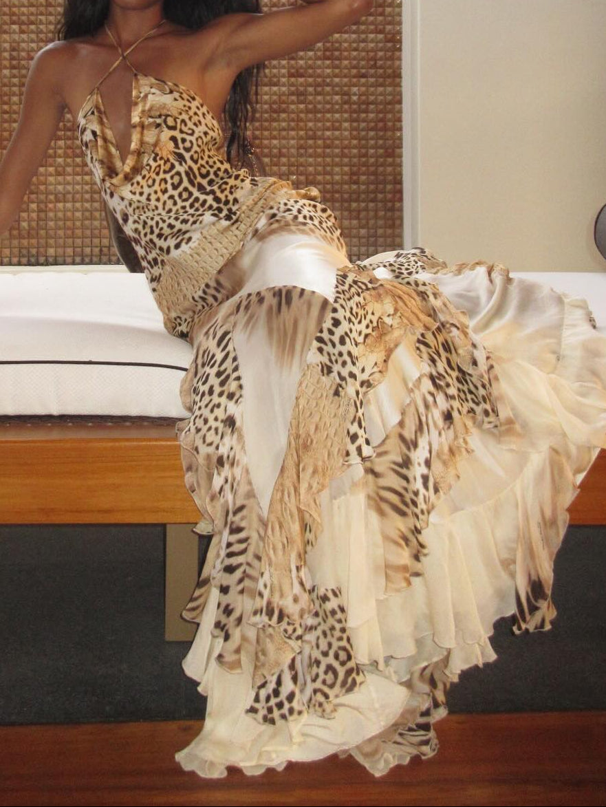 Vintage American Leopard Print Halter Backless Ruffle Mermaid Maxi Dress | Y2K Sexy Evening Gown