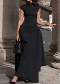 Black Cap Sleeve Draped Maxi Dress