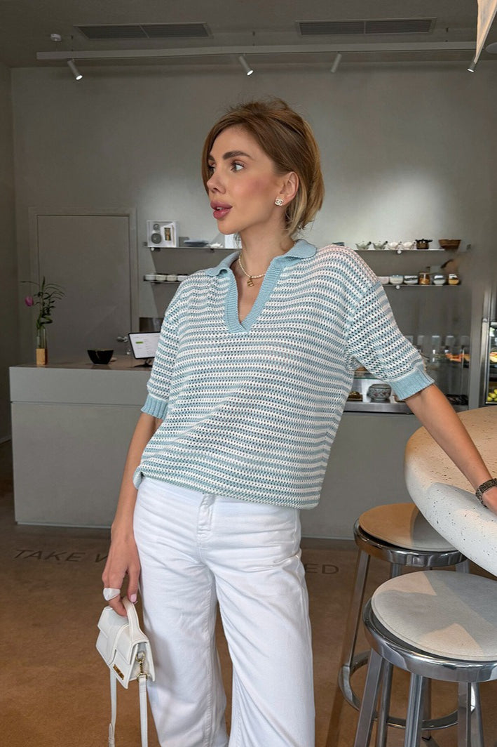 Striped Open Collar Short Sleeve Knit Sweater