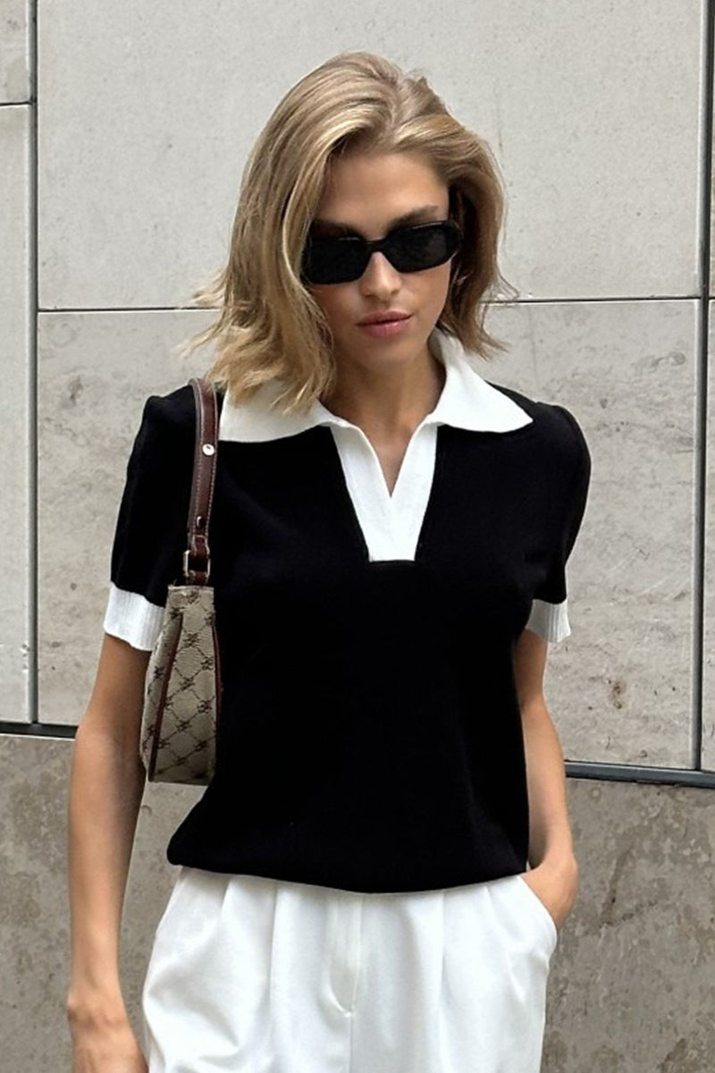 Contrast Collar Short Sleeve Polo Knit Sweater