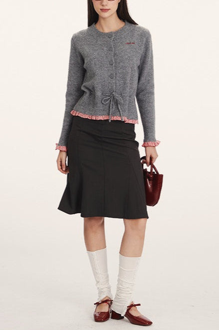 Panel-Design Waist-Cinched Slim Knit Cardigan