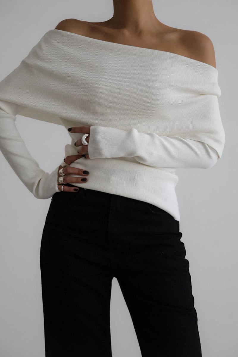 Off Shoulder Fitted Long Sleeve Knit Sweater
