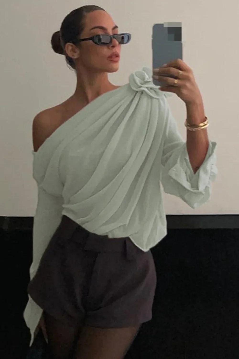 Chiffon Floral Off-the-Shoulder Fitted Blouse