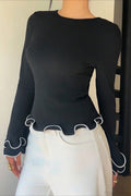 Color Block Ruffle Trim Slim Crew Neck Long Sleeve Tee